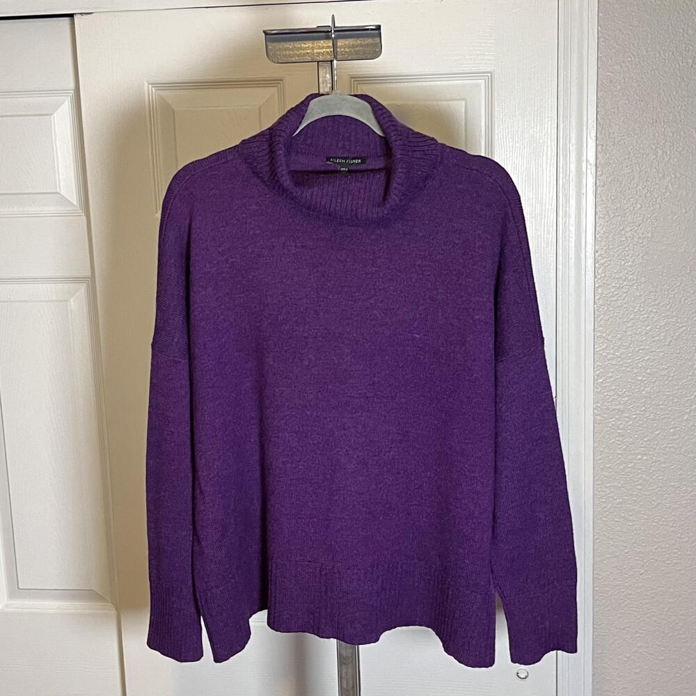 Eileen Fisher Sweater Top Womens Large Purple Cowl Neck Wool Alpaca Knit Ribbed